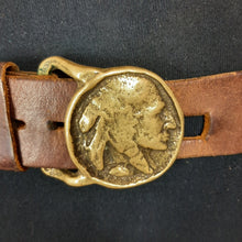 Load image into Gallery viewer, Solid Brass Native American Buckle Leather Belt