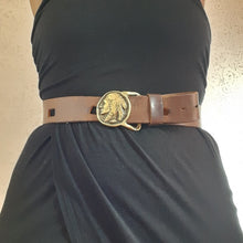Load image into Gallery viewer, Solid Brass Native American Buckle Leather Belt