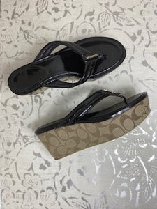 COACH Patent Leather Platform Flip-Flop Wedge Sandles - Black SIZE 8