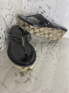 COACH Patent Leather Platform Flip-Flop Wedge Sandles - Black SIZE 8