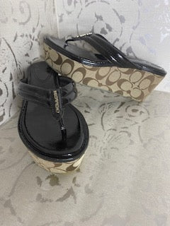 COACH Patent Leather Platform Flip-Flop Wedge Sandles - Black SIZE 8