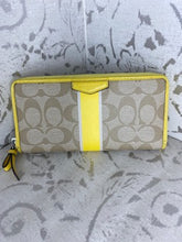 Load image into Gallery viewer, COACH Accordian Zip Wallet in Signature Logo - Yellow Stripe/Taupe
