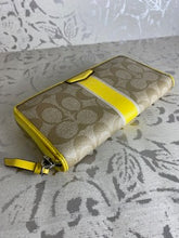 Load image into Gallery viewer, COACH Accordian Zip Wallet in Signature Logo - Yellow Stripe/Taupe
