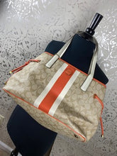 Load image into Gallery viewer, COACH Signature Logo w/ Stripe PVC Carryall - Orange/Taupe/Ivory
