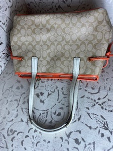 COACH Signature Logo w/ Stripe PVC Carryall - Orange/Taupe/Ivory