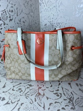 Load image into Gallery viewer, COACH Signature Logo w/ Stripe PVC Carryall - Orange/Taupe/Ivory
