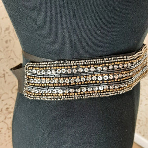 Black Elastic Belt With Silver Sequins and Beading
