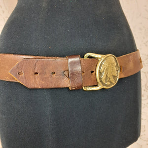 Solid Brass Native American Buckle Leather Belt