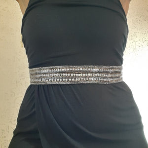 Black Elastic Belt With Silver Sequins and Beading