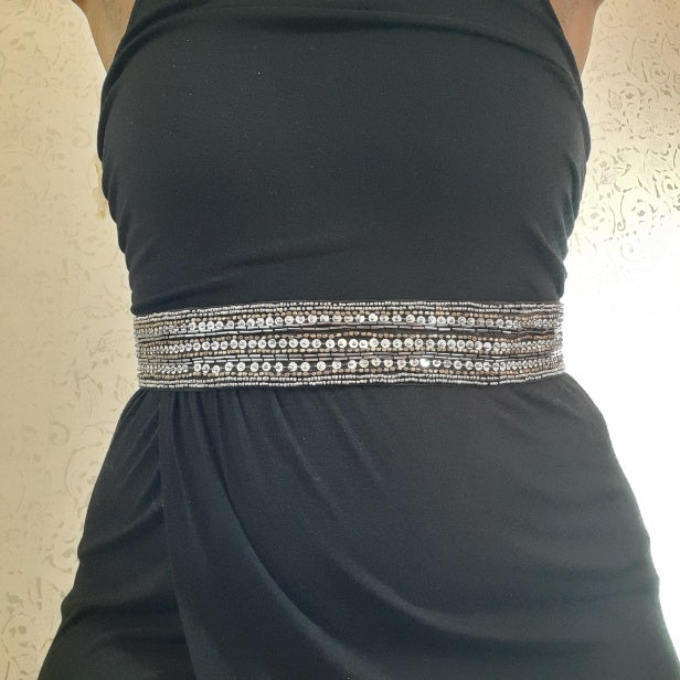 Black Elastic Belt With Silver Sequins and Beading