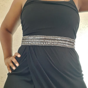 Black Elastic Belt With Silver Sequins and Beading