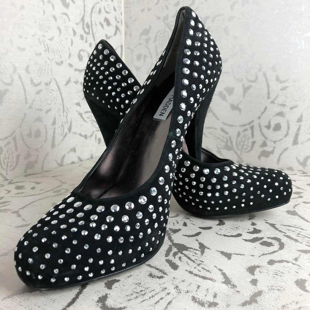 BLACK SUEDE STUDDED PLATFORM HEELS: Size 9