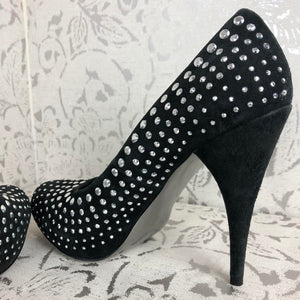 BLACK SUEDE STUDDED PLATFORM HEELS: Size 9