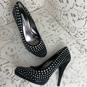 BLACK SUEDE STUDDED PLATFORM HEELS: Size 9