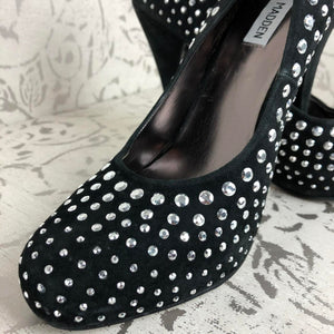 BLACK SUEDE STUDDED PLATFORM HEELS: Size 9