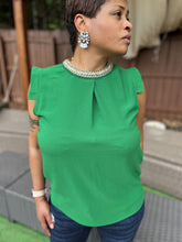 Load image into Gallery viewer, EMERALD GREEN BLOUSE W/BEJEWELED COLLAR: Size Large
