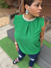 Load image into Gallery viewer, EMERALD GREEN BLOUSE W/BEJEWELED COLLAR: Size Large
