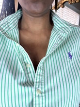 Load image into Gallery viewer, Green/White Striped Polo Women&#39;s Short Sleeved Button Up: Size 14
