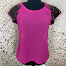 Load image into Gallery viewer, Sheer Hot Pink Blouse with Black Sequin Shoulders: Large
