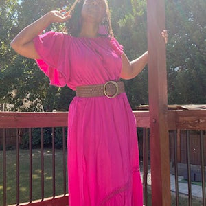 PINK RUFFLED BOHEMIAN MAXI DRESS: Size 16/18