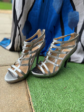 Load image into Gallery viewer, SILVER FERGALICIOUS BY FERGIE STRAPPY PLATFORMS: Size: 8.5 (Imperfect)
