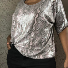 Load image into Gallery viewer, PINK SNAKEPRINT SEQUIN SHIRT: SIZE XL
