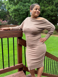 MOCHA OFF THE SHOULDER DRESS: Size 1X