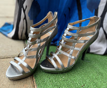 Load image into Gallery viewer, SILVER FERGALICIOUS BY FERGIE STRAPPY PLATFORMS: Size: 8.5 (Imperfect)
